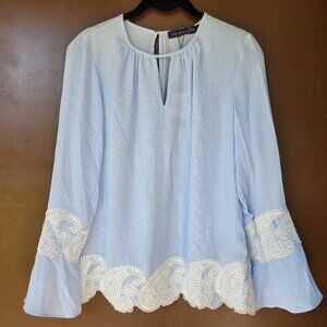 NWT Tommy Hilfiger Striped Lace Trim Bell Sleeve Top Blue XS